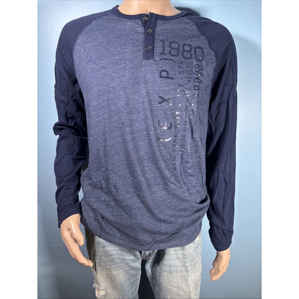 Express Long Sleeve Henley 3-Button Shirt Raglan Sleeve with Graphic (L) Blue